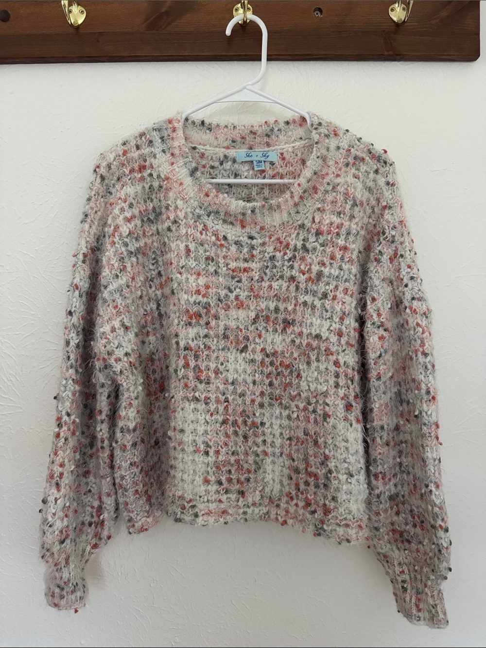 She + Sky Cream Crewneck Sweater with Pink & Gray Speckles